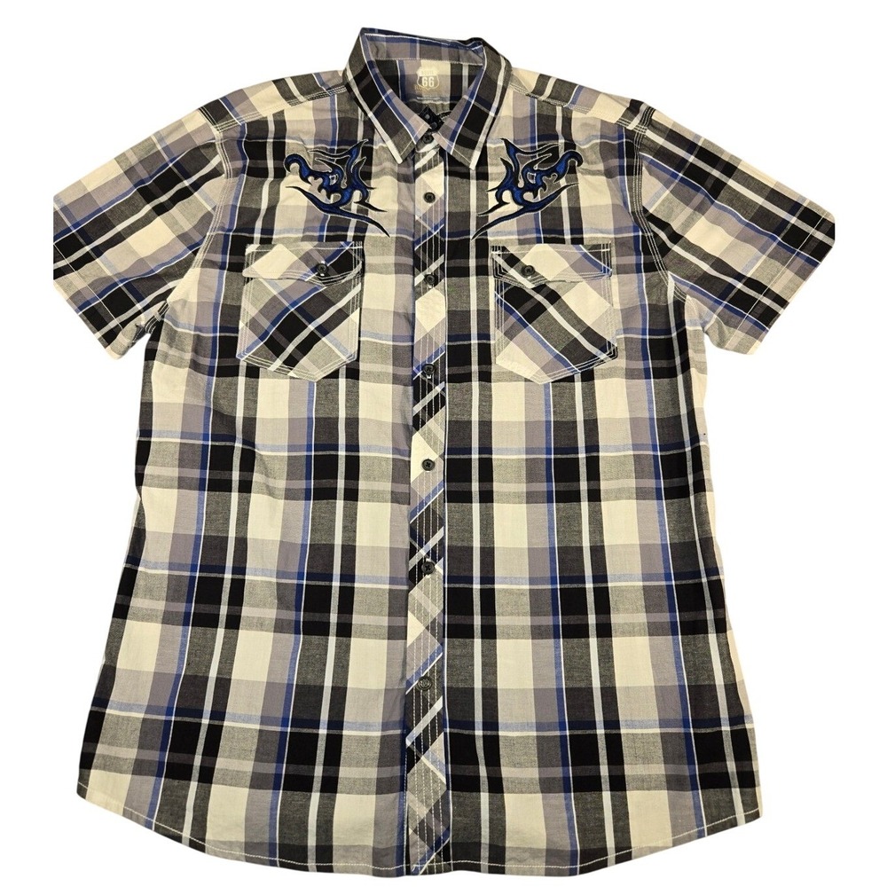 Route 66 Y2K Mens Short Sleeve Plaid Button Down Shirt Tribal Embroidery Blue XL